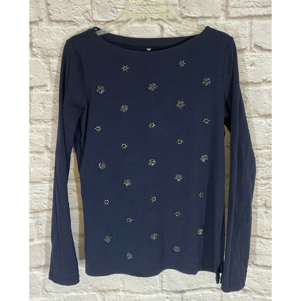 TALBOTS SZ M 100% Cotton Navy Blue Beads Sequin Knit Shirt Top 8571